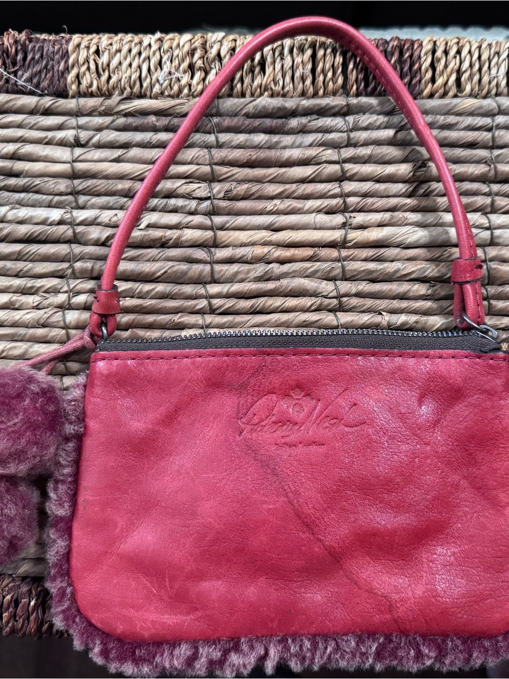 Patricia Nash Red Leather Mini Wristlet with Shearling Trim